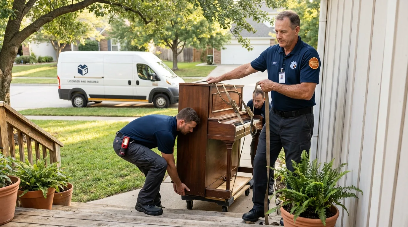 Licensed piano movers securing grand piano in Aiken, SC